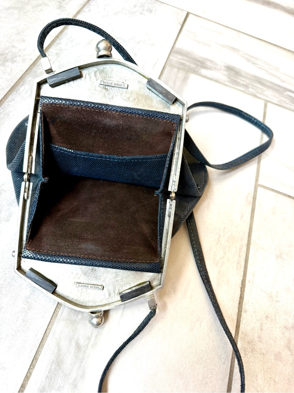 Moulin Rouge by James Culver Navy leather pewter jeweled crossbody shoulder blue - Picture 14 of 16